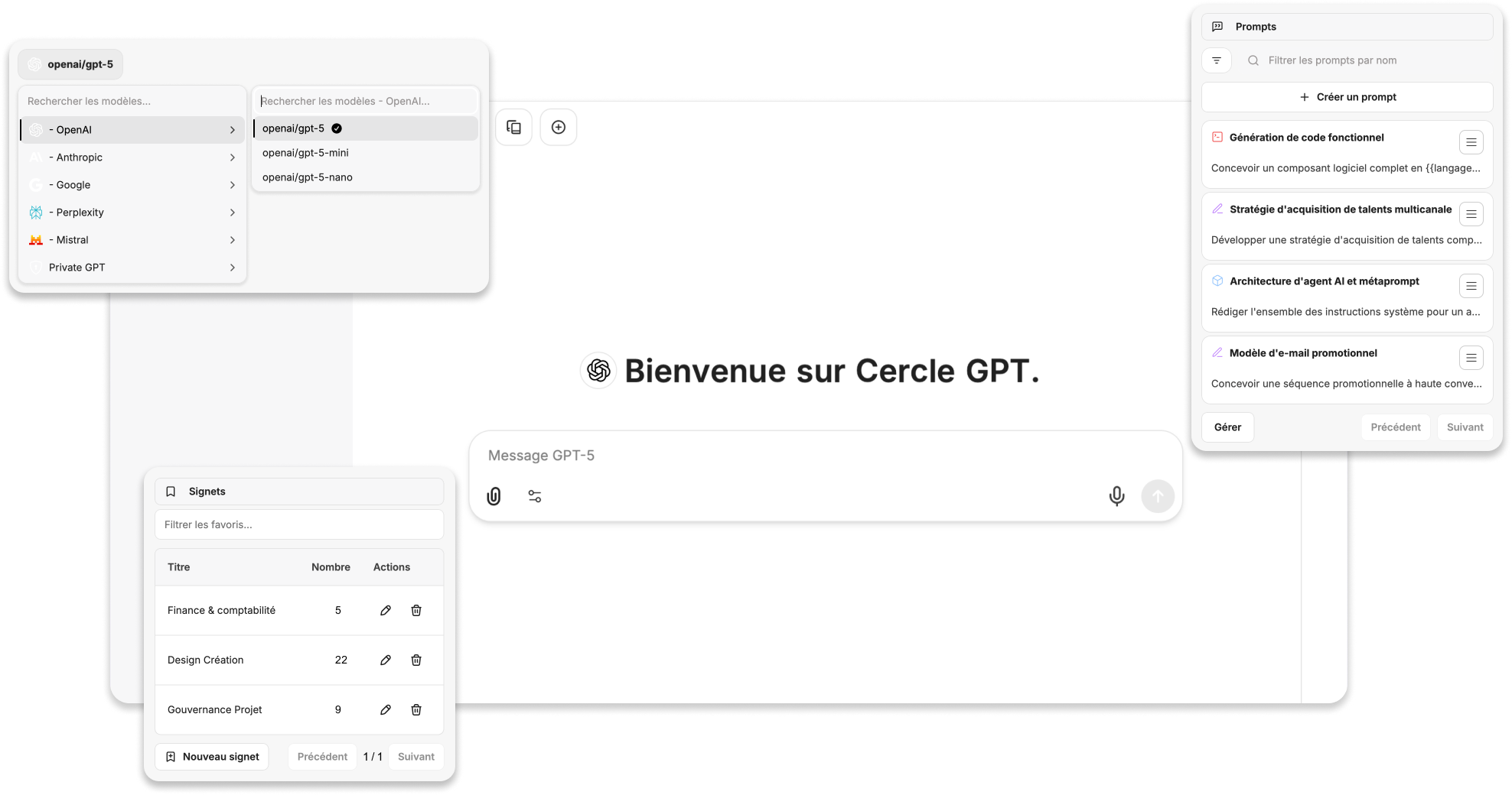 Interface Cercle GPT montrant la comparaison multi-IA